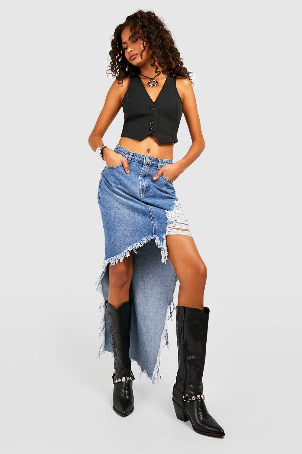 Distressed Denim Maxi Skirt | boohoo USA